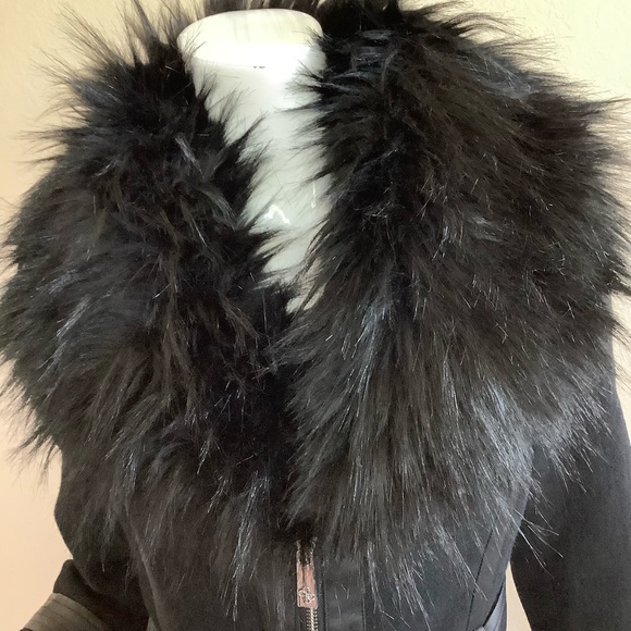 Guess Black Faux Fur Trimmed Wool Coat - Picture 6 of 16